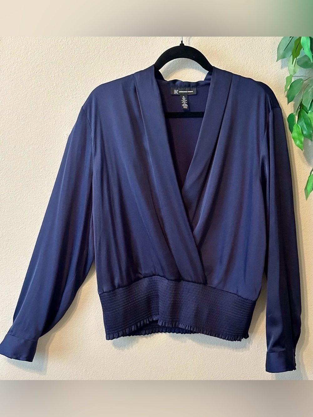 INC International Concepts Satin Faux Wrap Blouse Top Navy Blue Smocked XL